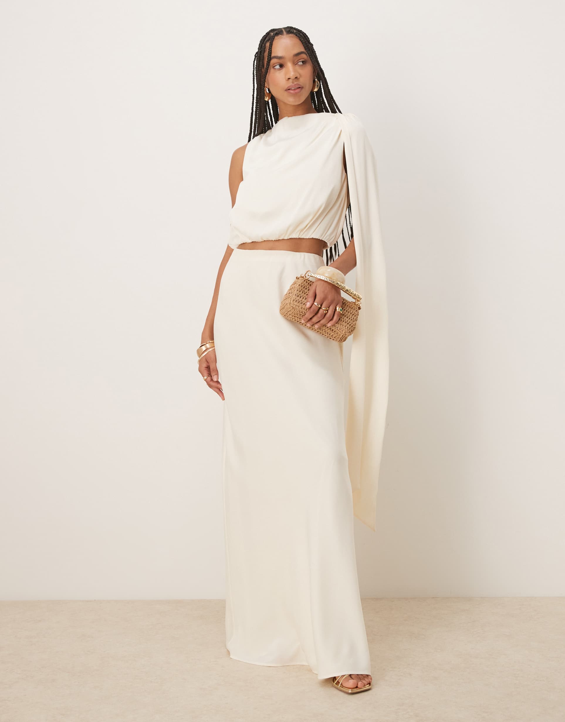six stories drape detail high neck top in cream - part of a set