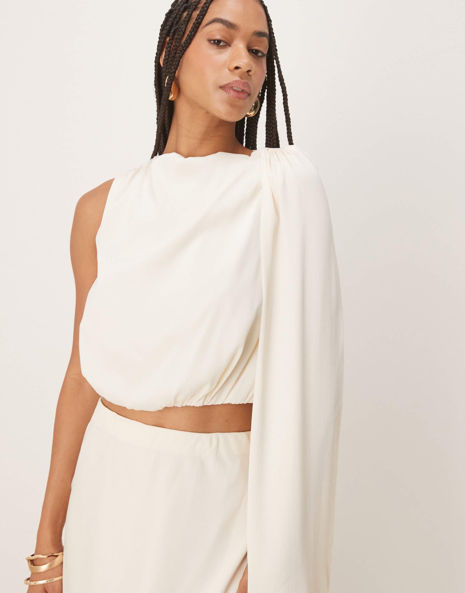 six stories drape detail high neck top in cream - part of a set
