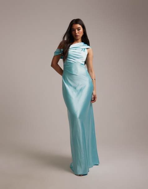 Six Stories – Drapiertes Satin-Maxikleid in Türkis mit One-Shoulder-Träger - view 1