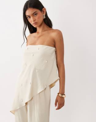 Six Stories Embellished Bandeau Asymmetric Hem Top In Neutral