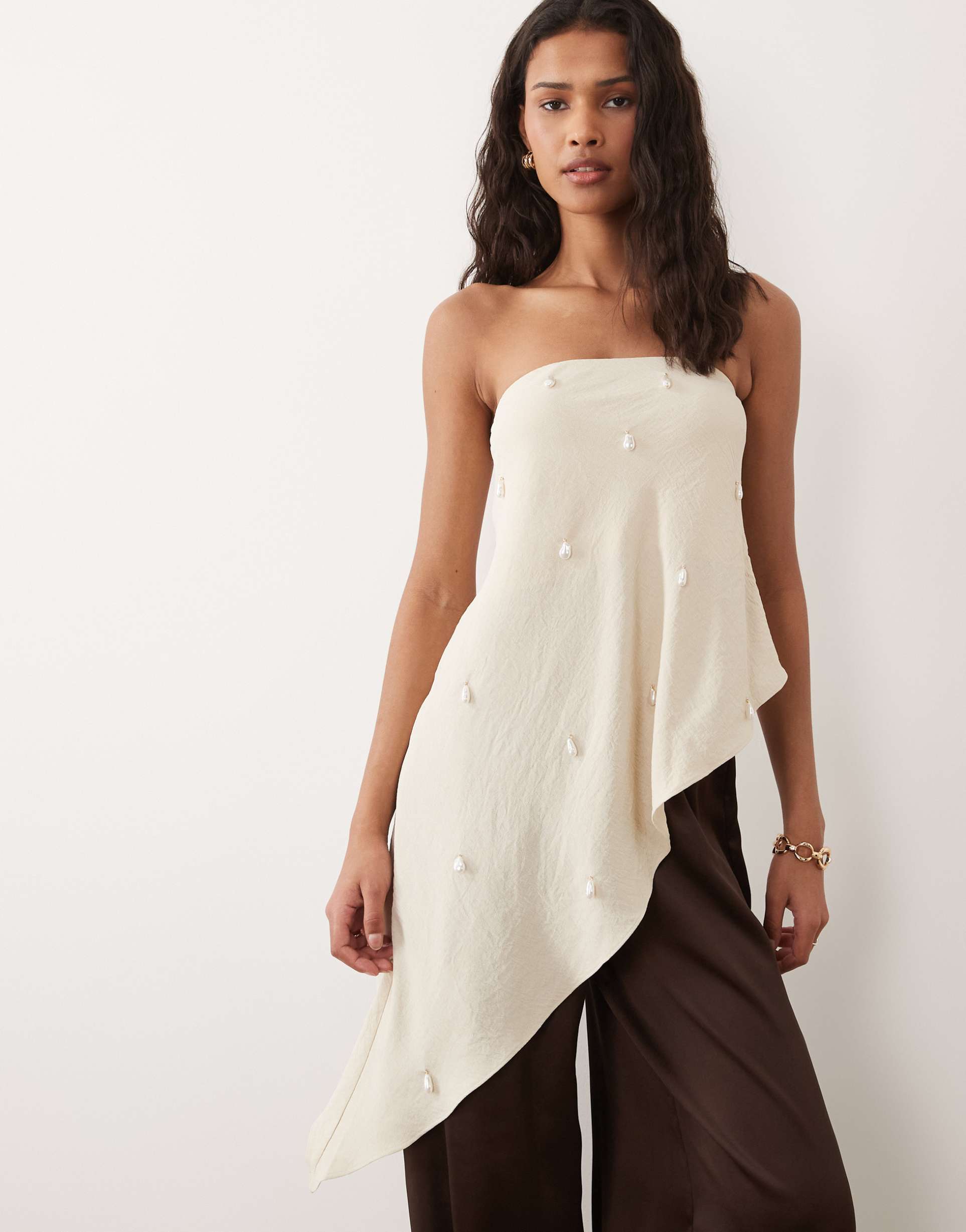 six stories embellished bandeau asymmetric hem top in stone