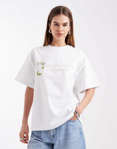 Six Stories embellished 'matcha made in heaven' oversized boxy t-shirt in white - view 1