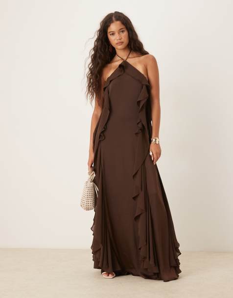 Six Stories exclusive halter ruffle maxi dress in chocolate