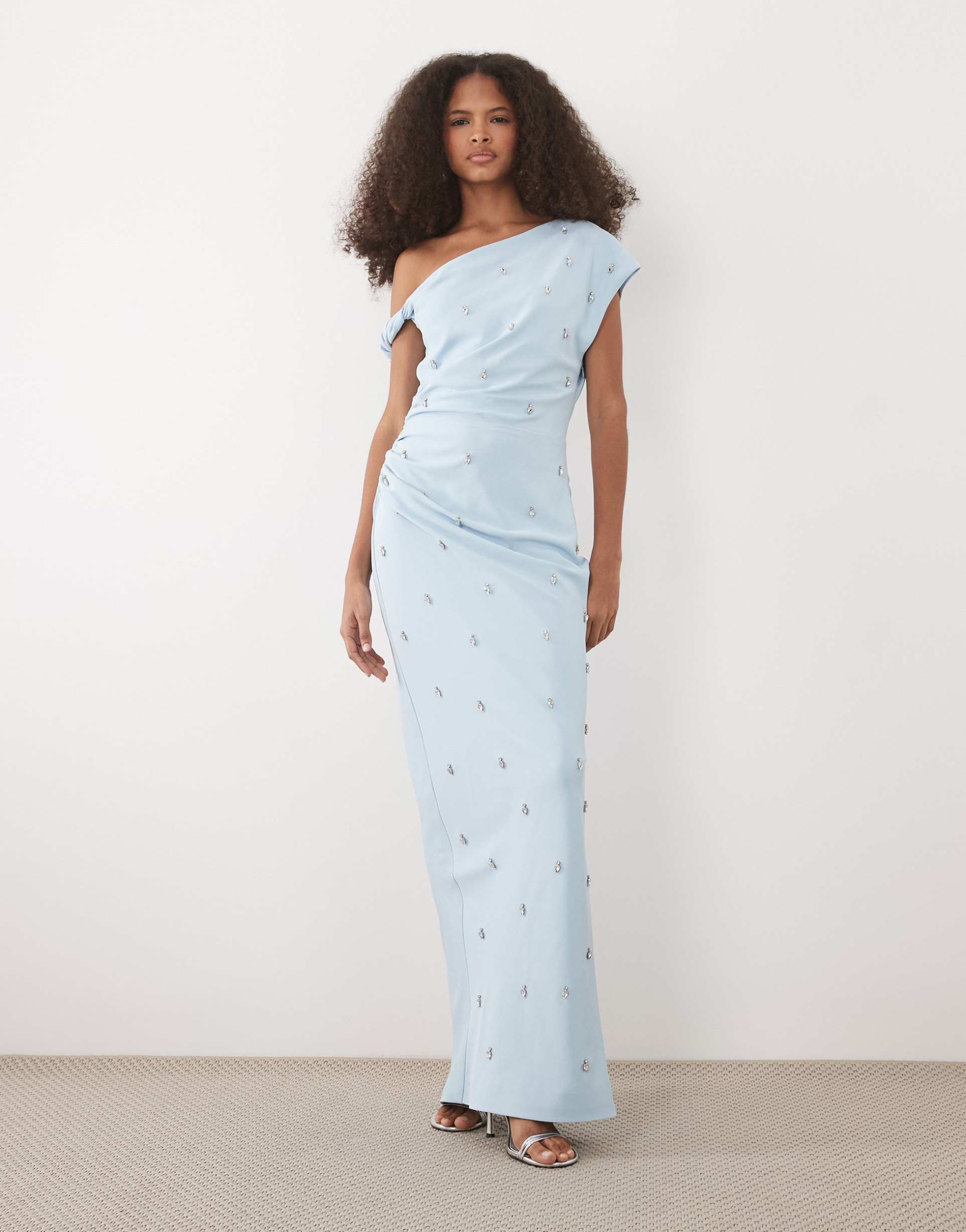 six stories fallen shoulder beaded maxi dress in pale blue