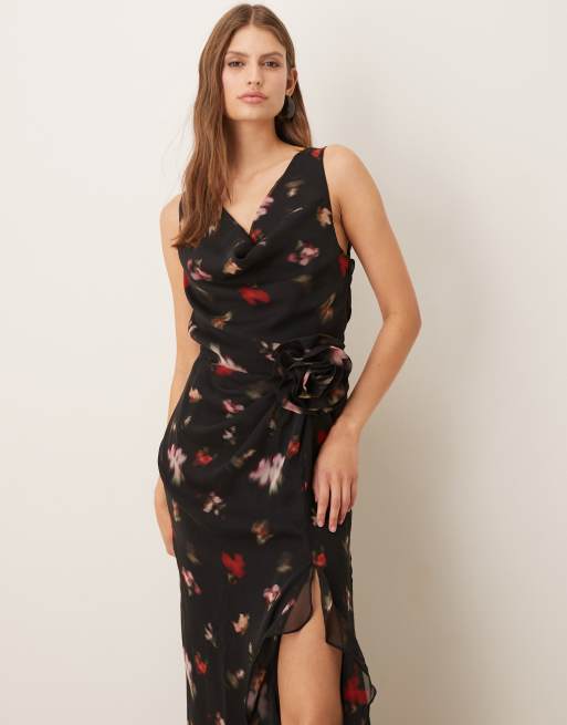 Six Stories floral cowl front corsage maxi dress in black, 3 of 4