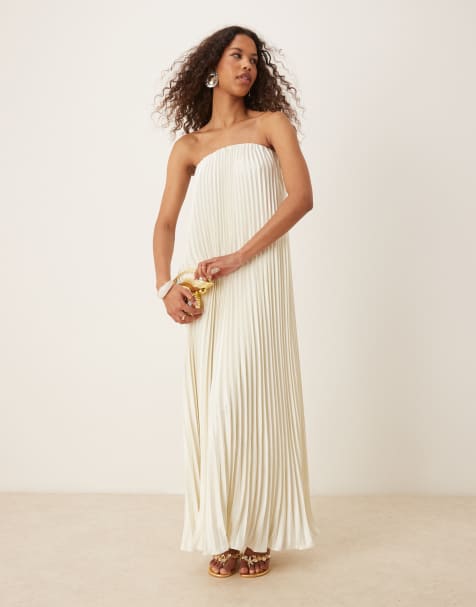 Six Stories - Geplooide maxi bandeau-jurk met afneembare sjaal in oesterkleur - view 1