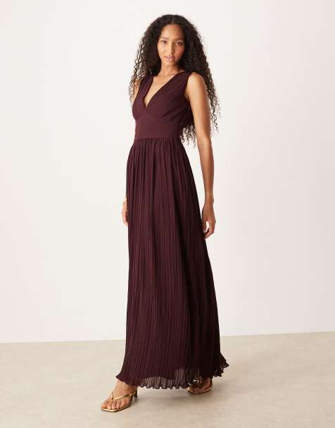 Six Stories - Geplooide maxi bandeau-jurk met diepe V-hals in wijnrood - view 1