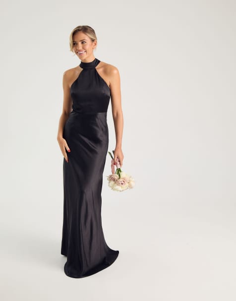 Six Stories Halter neck satin bridesmaid dress in black - view 1