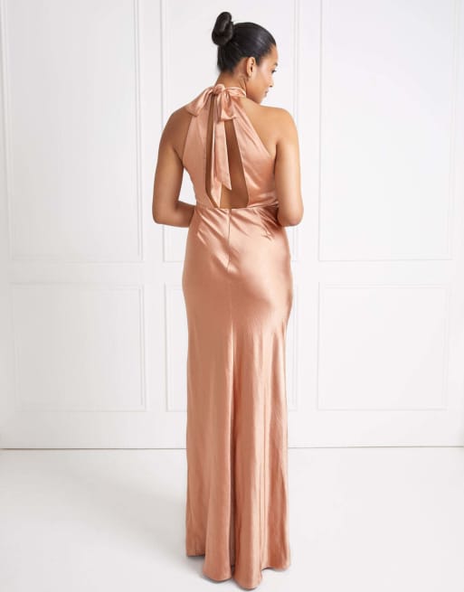 Six Stories Halter neck satin bridesmaid dress in burnt peach, 3 of 4