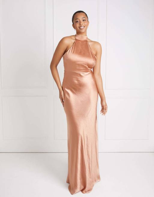 Six Stories Halter neck satin bridesmaid dress in burnt peach, 4 of 4