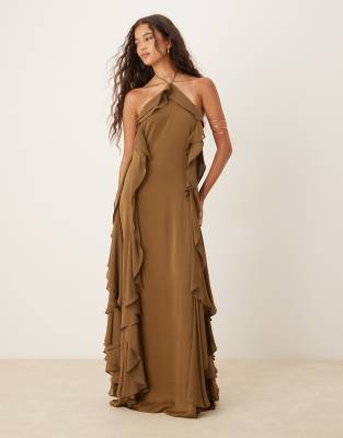 Six Stories halter ruffle maxi dress in deep olive - view 1