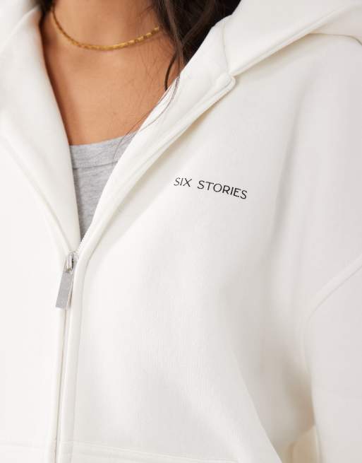 Six Stories 'Just Married' cotton rich relaxed zip through hoodie in white, 3 of 4