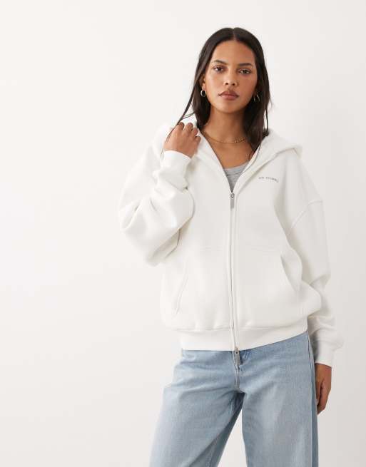 Six Stories 'Just Married' cotton rich relaxed zip through hoodie in white, 4 of 4
