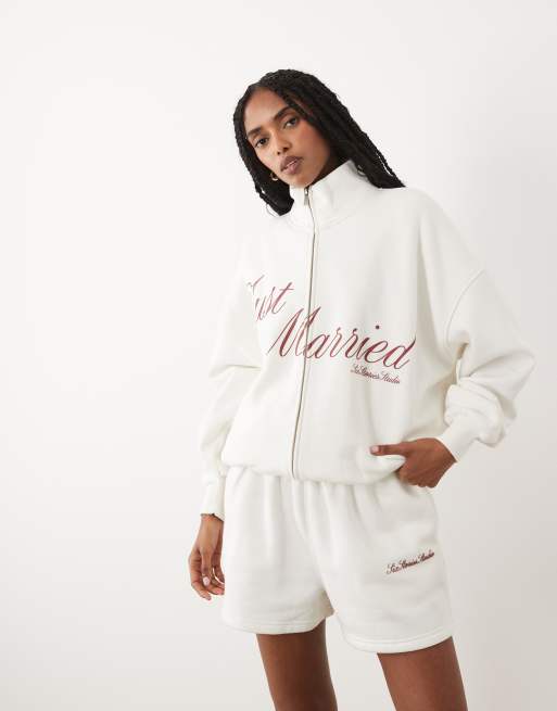 Six Stories 'Just Married' jersey high neck zip through jumper and comfy shorts set in white, 2 of 3