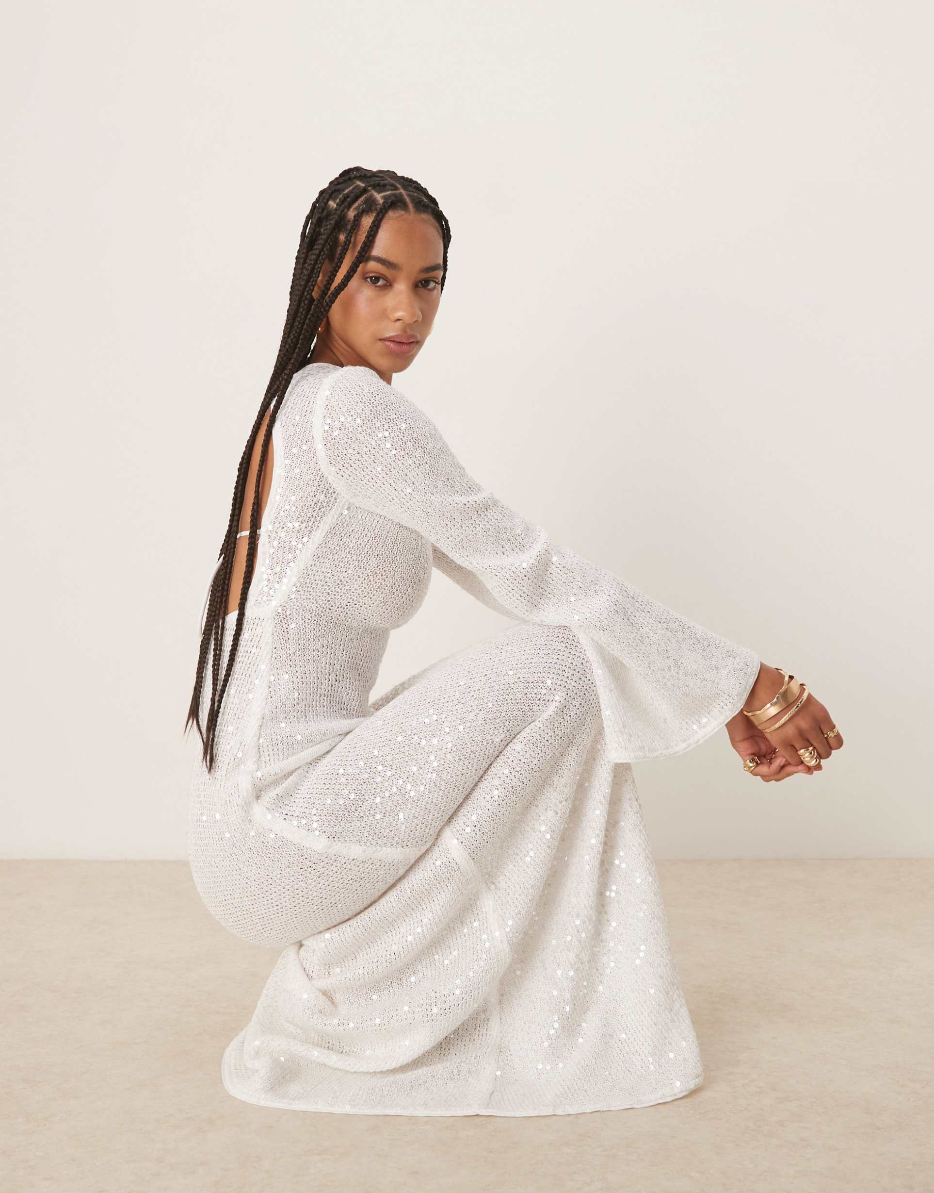 six stories knit sequin long sleeve maxi dress with train in white