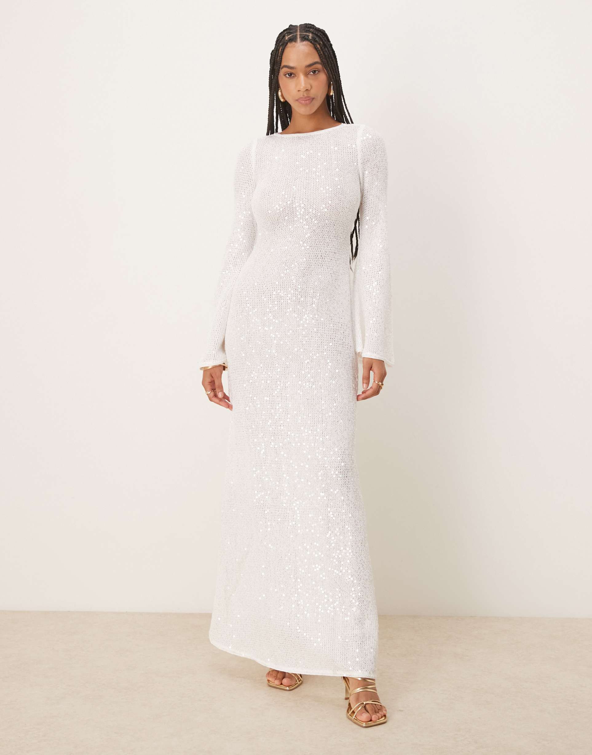 six stories knit sequin long sleeve maxi dress with train in white