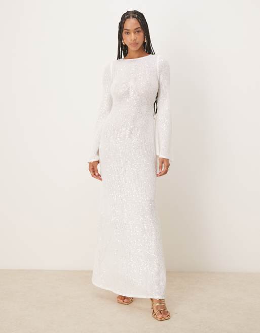Six Stories knit sequin long sleeve maxi dress with train in white