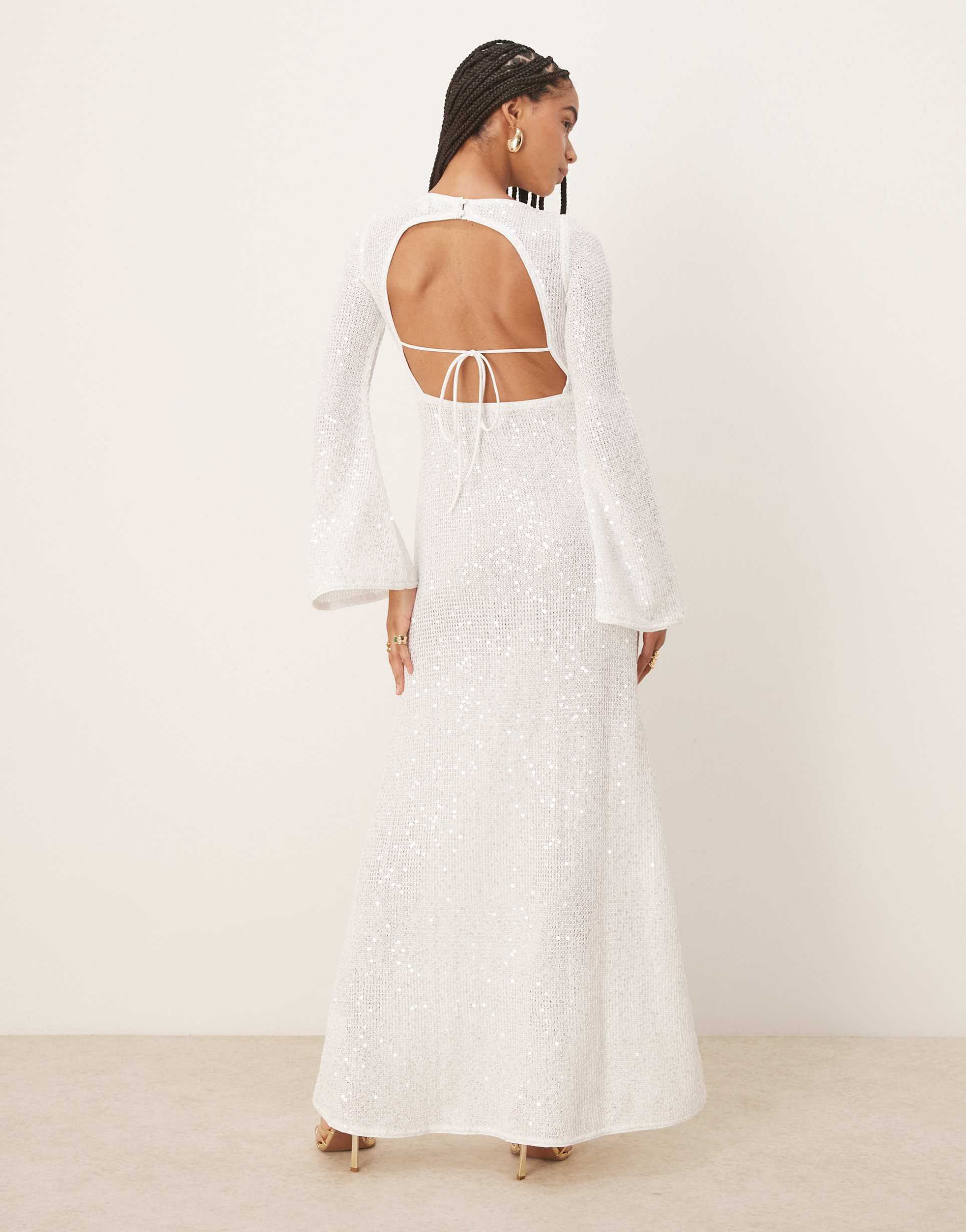 six stories knit sequin long sleeve maxi dress with train in white