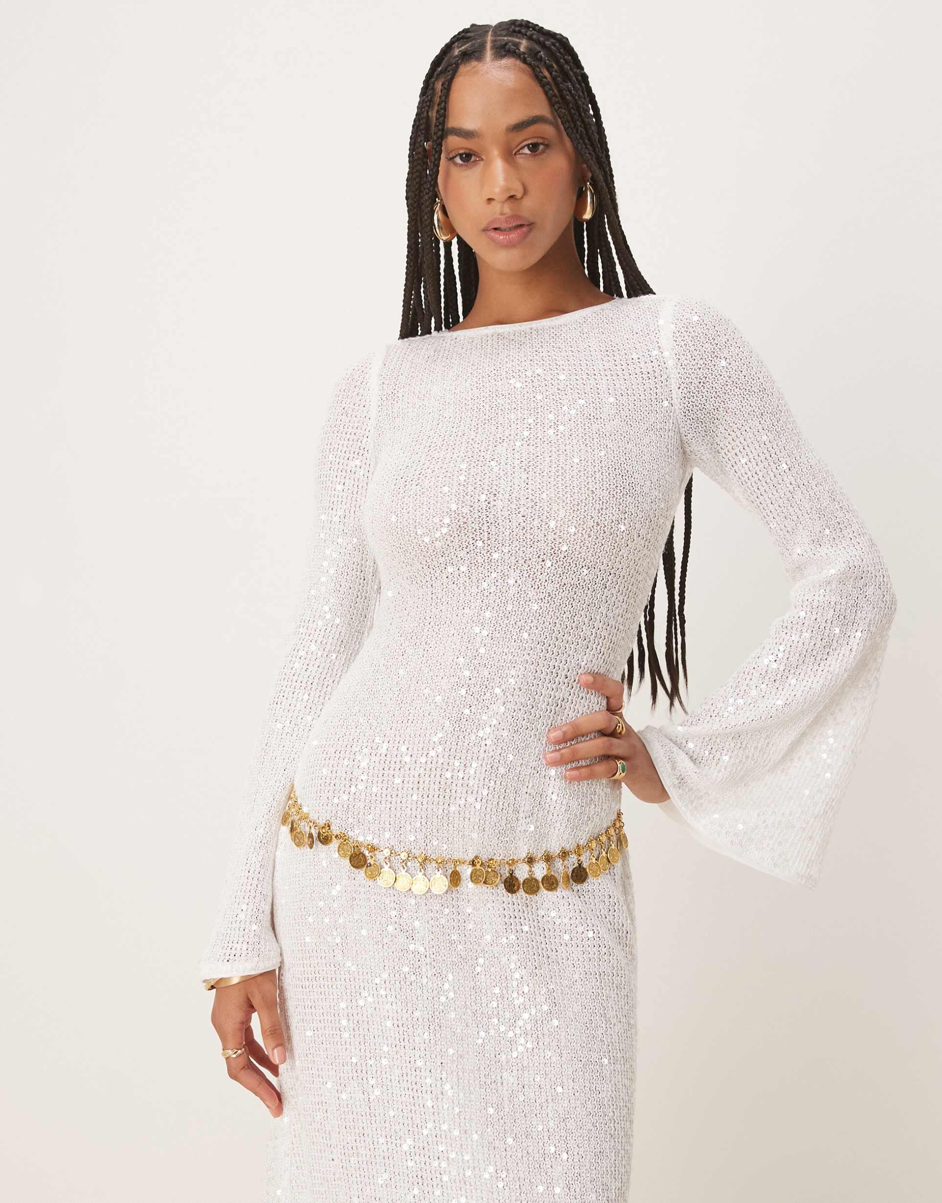 six stories knit sequin long sleeve maxi dress with train in white