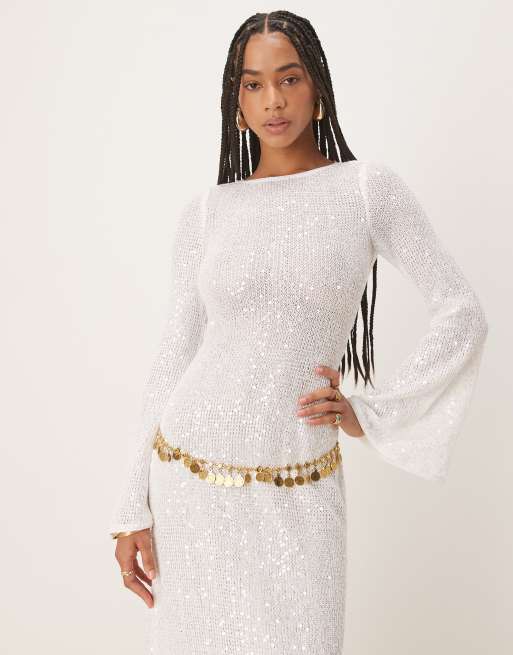Six Stories knit sequin long sleeve maxi dress with train in white