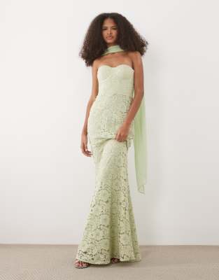 Six Stories Lace Corset Maxi Dress With Scarf Neck In Green