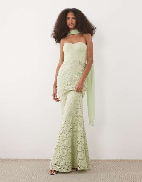 Six Stories lace corset maxi dress with scarf neck in sage green - view 1