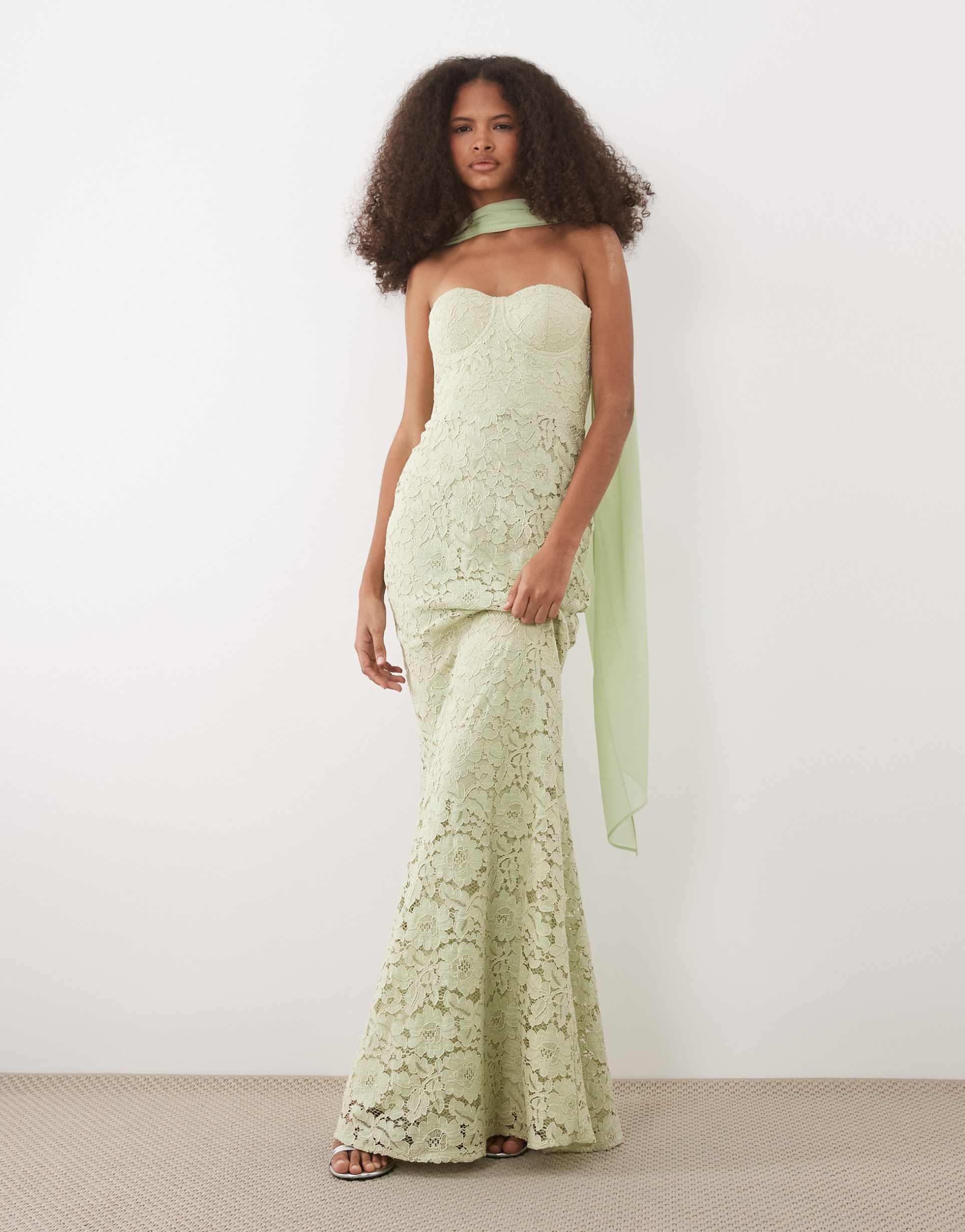 six stories lace corset maxi dress with scarf neck in sage green
