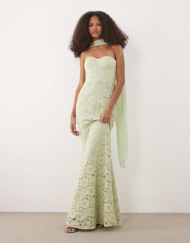 Six Stories Women's Lace Corset Maxi Dress With Neck Scarf