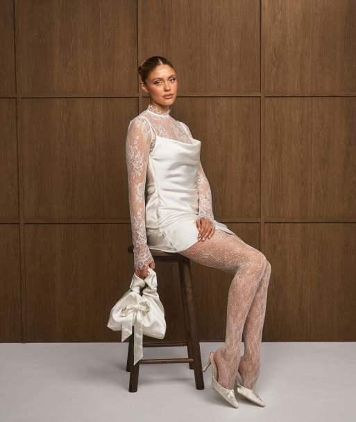 Six Stories Lace sleeve cowl satin mini dress in white, 4 of 7