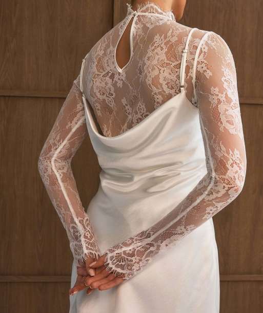 Six Stories Lace sleeve cowl satin mini dress in white, 6 of 7