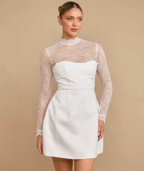 Six Stories Lace sleeve cup detail mini dress in white