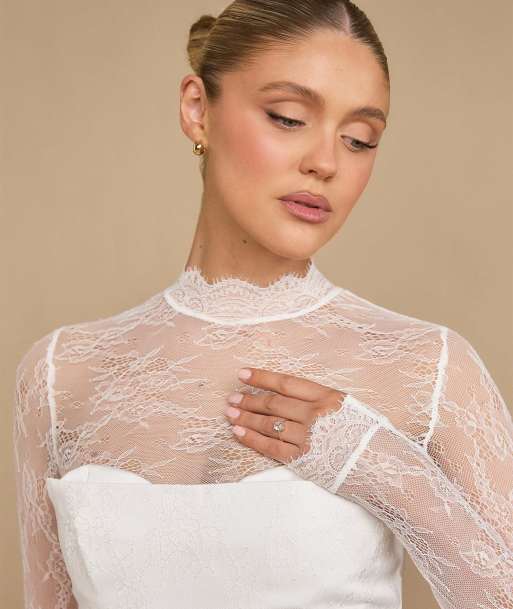 Six Stories Lace sleeve cup detail mini dress in white, 3 of 7