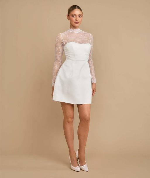 Six Stories Lace sleeve cup detail mini dress in white, 7 of 7