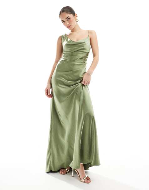Six Stories - L'invitée - Robe longue asymétrique à col bénitier - Vert mousse - view 1