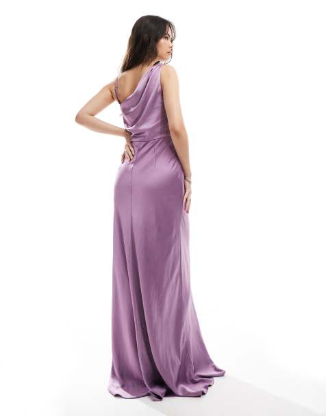 Six Stories - L'invitée - Robe longue asymétrique en satin à col bénitier - Orchidée - view 1