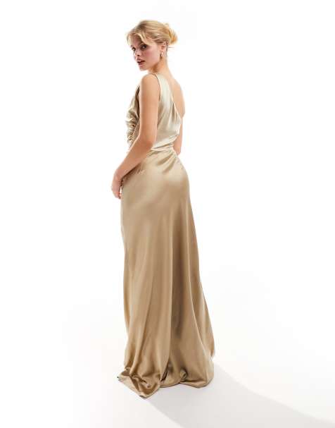 Six Stories - L'invitée - Robe longue asymétrique en satin - Champagne - view 1