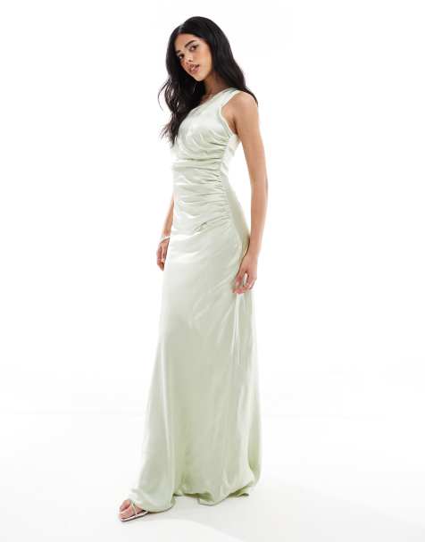 Six Stories - L'invitée - Robe longue asymétrique en satin - Vert menthe - view 1