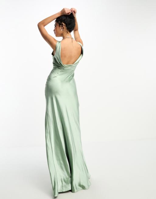 Six Stories - L'invitée - Robe longue d'ensemble en satin à dos bénitier - Sauge, 3 de 4