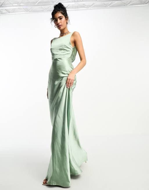 Six Stories - L'invitée - Robe longue d'ensemble en satin à dos bénitier - Sauge, 4 de 4