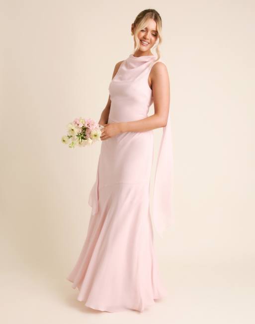 Six Stories - L'invitée - Robe longue en crêpe avec col bénitier montant - Rose pâle, 3 de 4