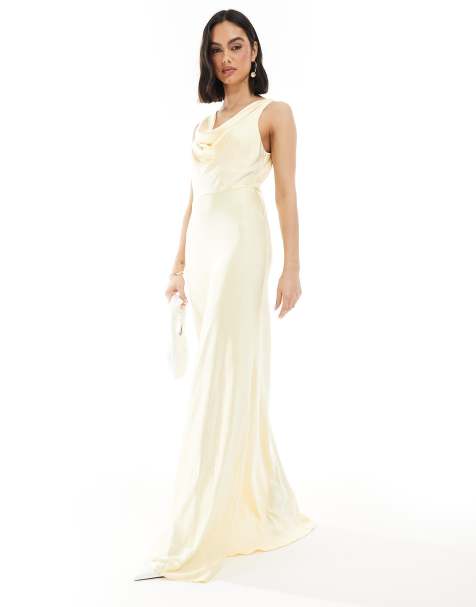 Six Stories - L'invitée - Robe longue en satin à col bénitier - Citron - view 1