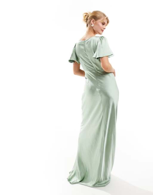 Six Stories - L'invitée - Robe longue en satin à manches évasées - Sauge, 4 de 4