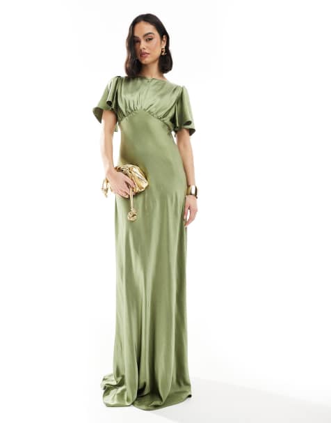 Six Stories - L'invitée - Robe longue en satin à taille empire - Vert mousse - view 1