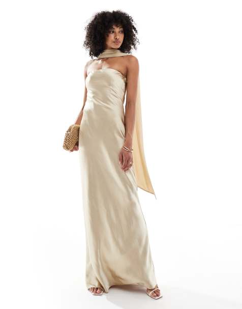 Six Stories - L'invitée - Robe longue en satin avec foulard en mousseline - Doré clair - view 1