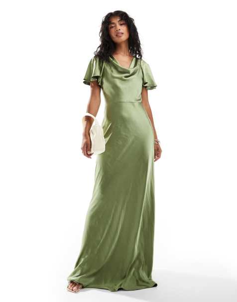 Six Stories - L'invitée - Robe longue en satin avec manches évasées - Vert mousse - view 1