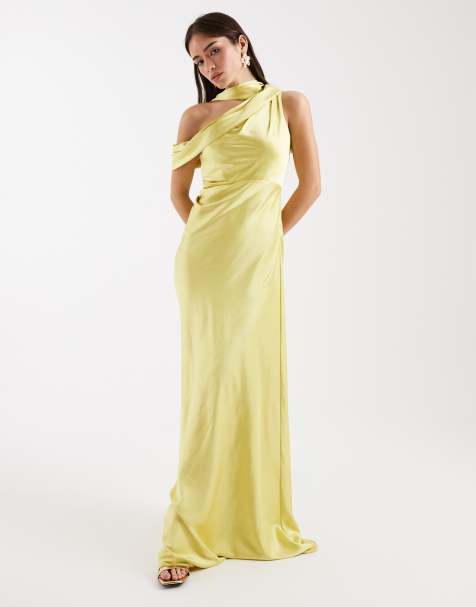 Six Stories - L'invitée - Robe longue et asymétrique en satin effet drapé - Jaune - view 1