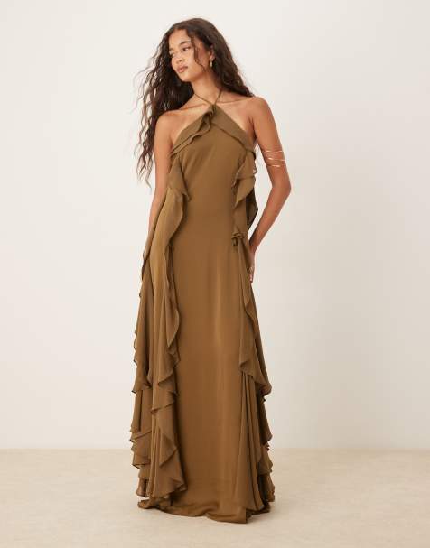 Six Stories – Neckholder-Maxikleid in dunklem Olivgrün mir Rüschen - view 1