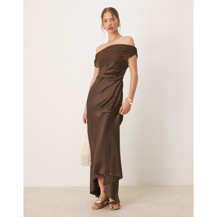 Six Stories off shoulder mesh satin midaxi dress in chocolate | ASOS