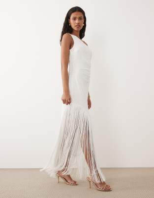 Six Stories One Shoulder Asymmetric Fringe Detail Maxi Dress In White
