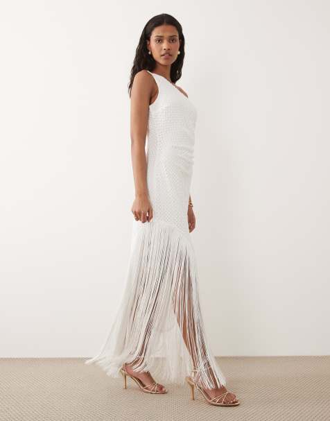 Six Stories one shoulder asymmetric fringe detail maxi dress in white - view 1